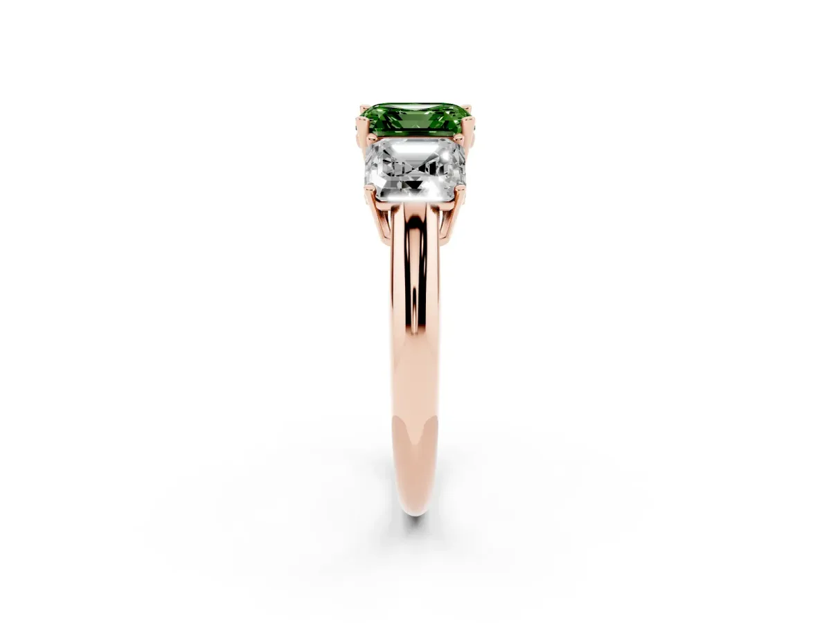 Fancy Green Three-Stone Asscher Cut Cut Diamond Engagement Ring with Prong Setting on a White Gold Band Rose gold