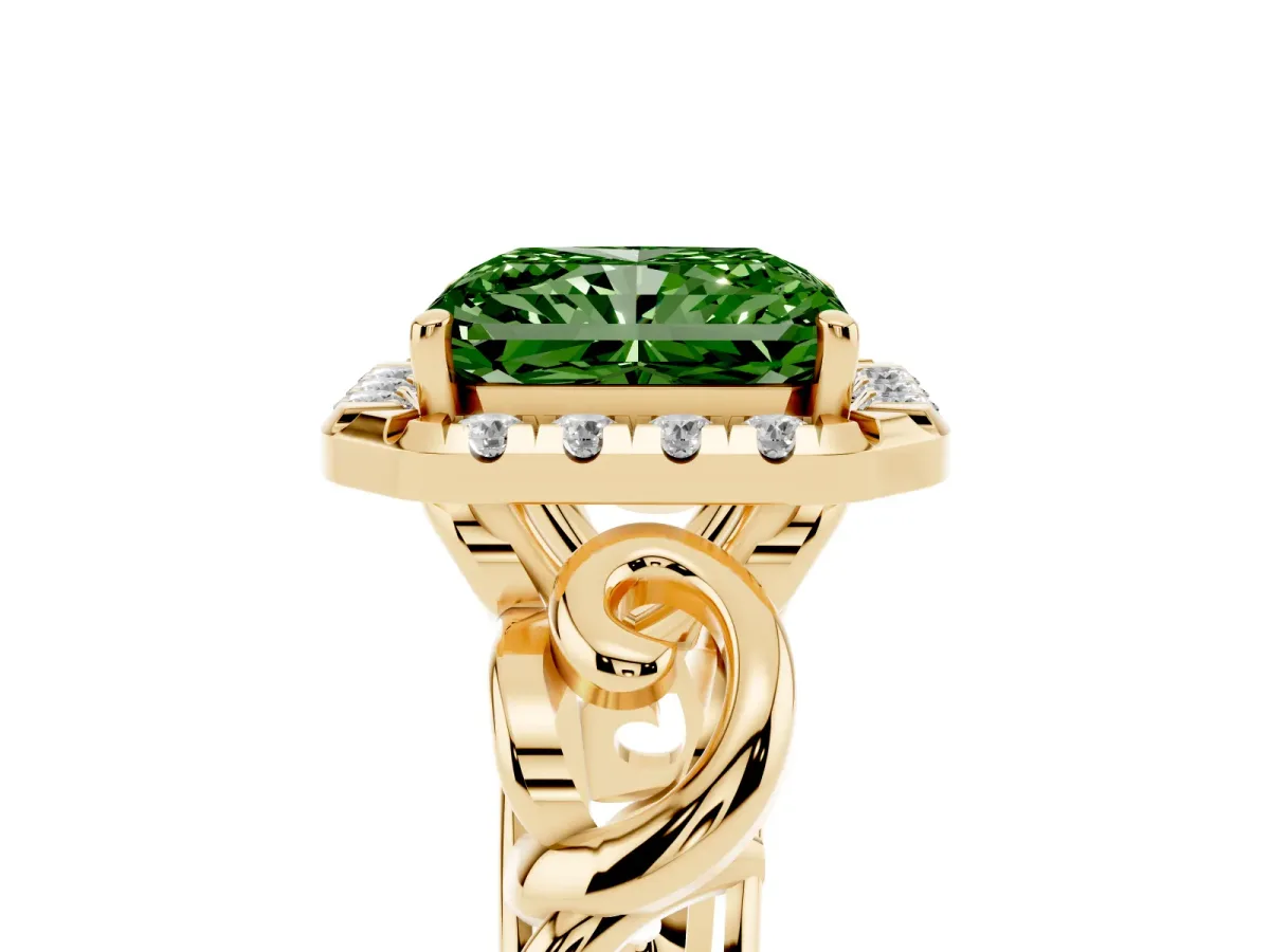 Fancy Green Radiant Cut Cut Halo Diamond Ring with Scrollwork Band and Four-Prong Setting Yellow gold