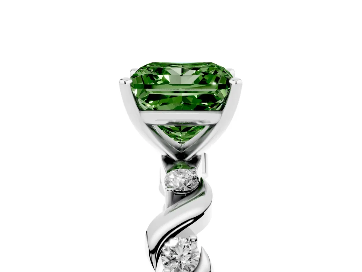 Fancy Green Princess Cut Diamond Solitaire Twisted Band with Round Accents and Prong Setting White gold