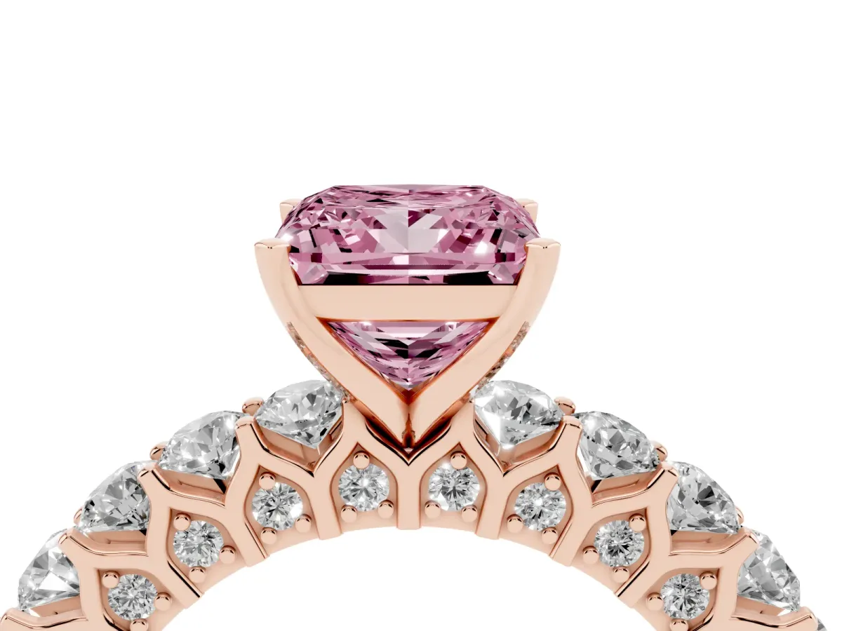 Fancy Pink Princess Cut Diamond Solitaire Ring with Shared Prong Pavé Band and Four-Prong Setting Rose gold