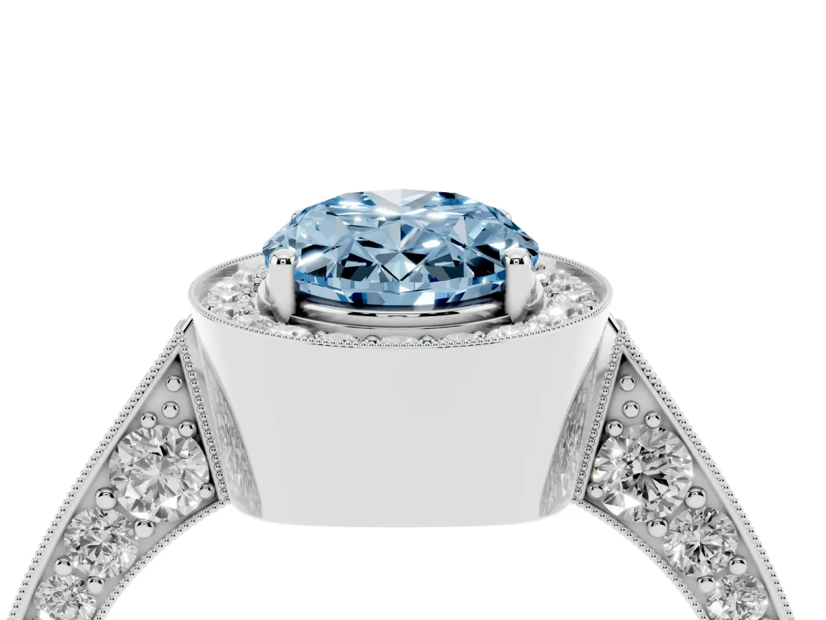 Fancy Blue Oval Cut Halo Diamond Engagement Ring with Split Shank Band and Four-Prong Setting Silver
