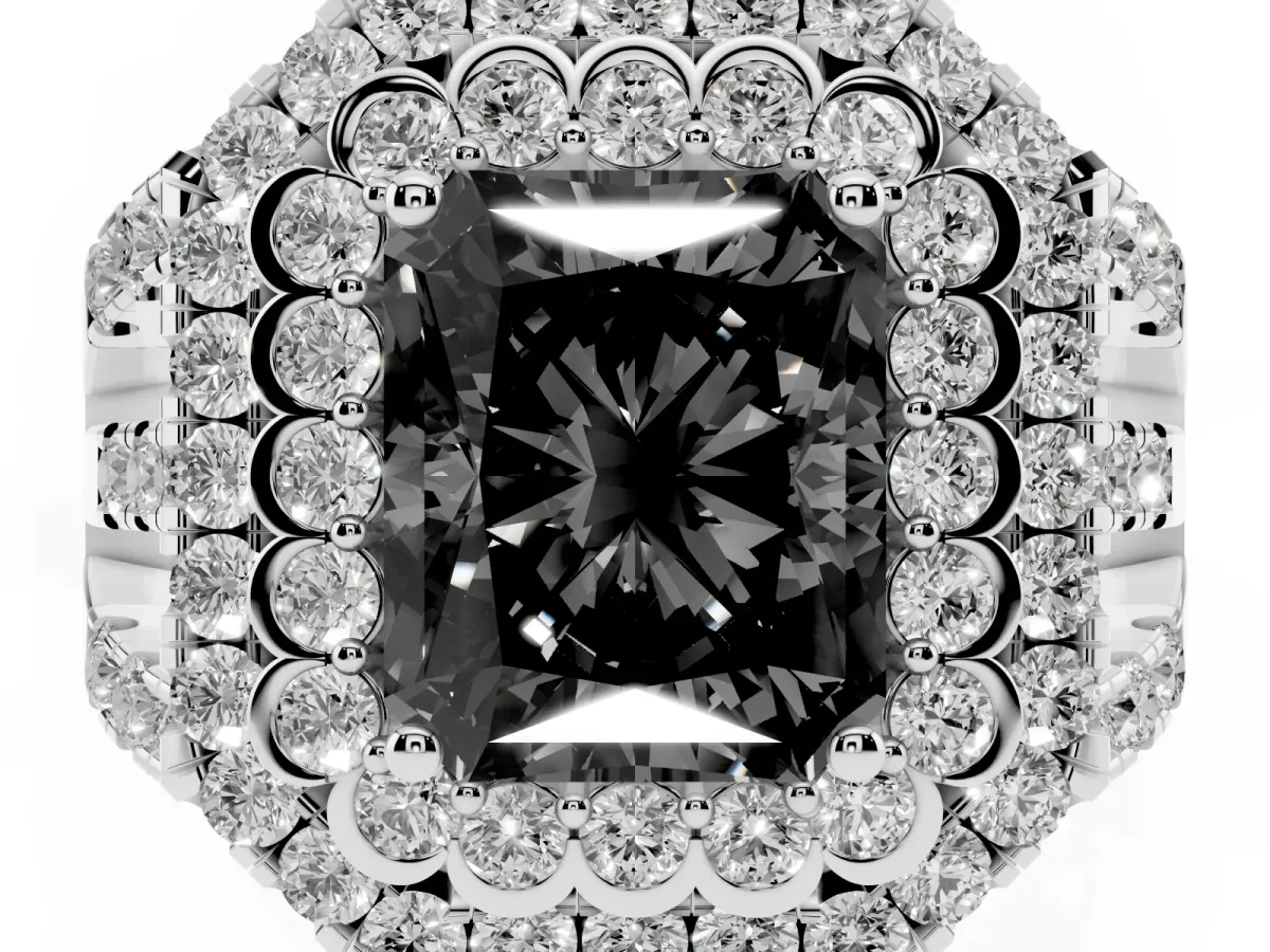 Fancy Black Radiant Cut Diamond Double Halo Ring with Round Pavé Split Shank and Prong Setting Silver
