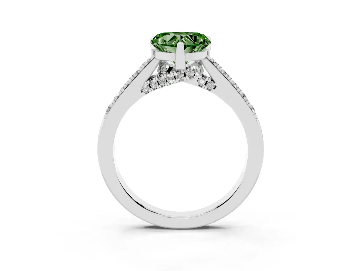 Fancy Green Heart Cut Diamond Solitaire Ring with Crossover Gallery and Round Pavé Band Platinum