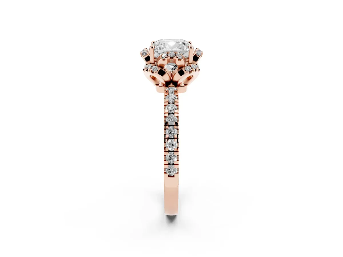 Cushion Cut Halo Diamond Pave Band Ring with Four-Prong Setting Rose gold