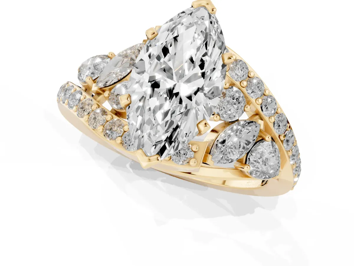 Marquise Cut Diamond Halo Ring with Marquise and Pavé Band in Prong Setting Yellow gold