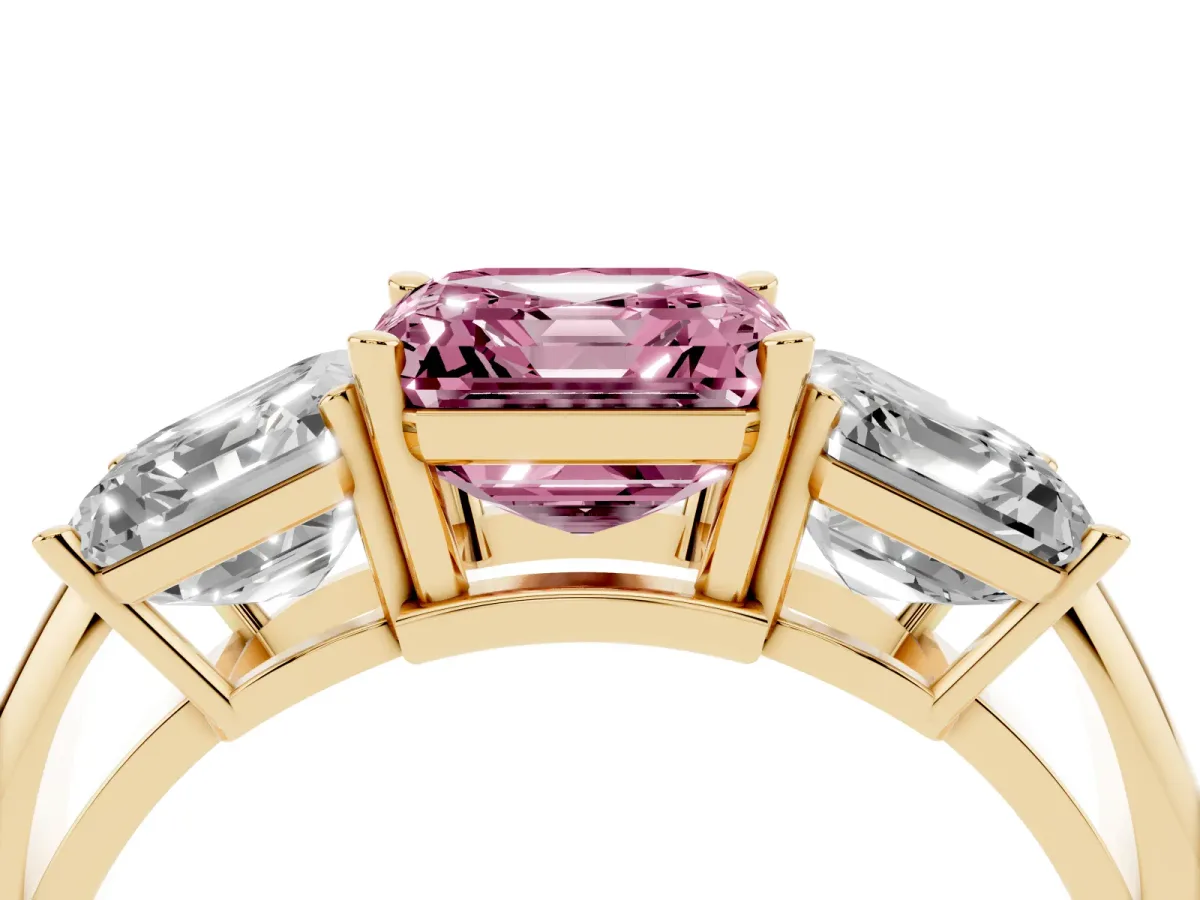 Fancy Pink Three-Stone Asscher Cut Cut Diamond Engagement Ring with Prong Setting on a White Gold Band Yellow gold