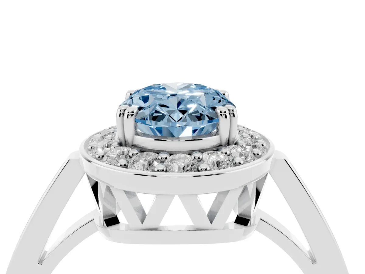 Fancy Blue Oval Cut Diamond Halo Ring with Split Shank and Four-Prong Setting White gold