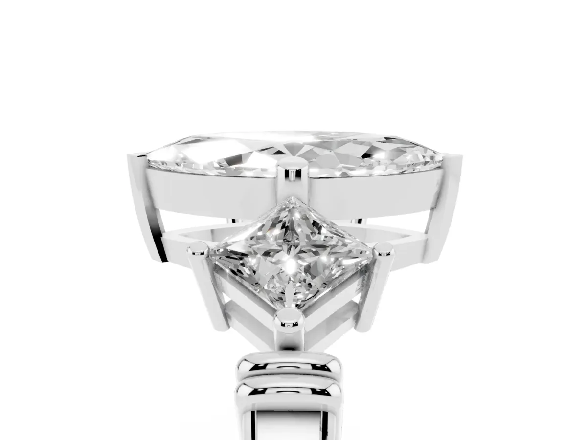 Three-Stone Marquise Cut and Princess Cut Diamond Ring with Channel Band and Four-Prong Setting White gold