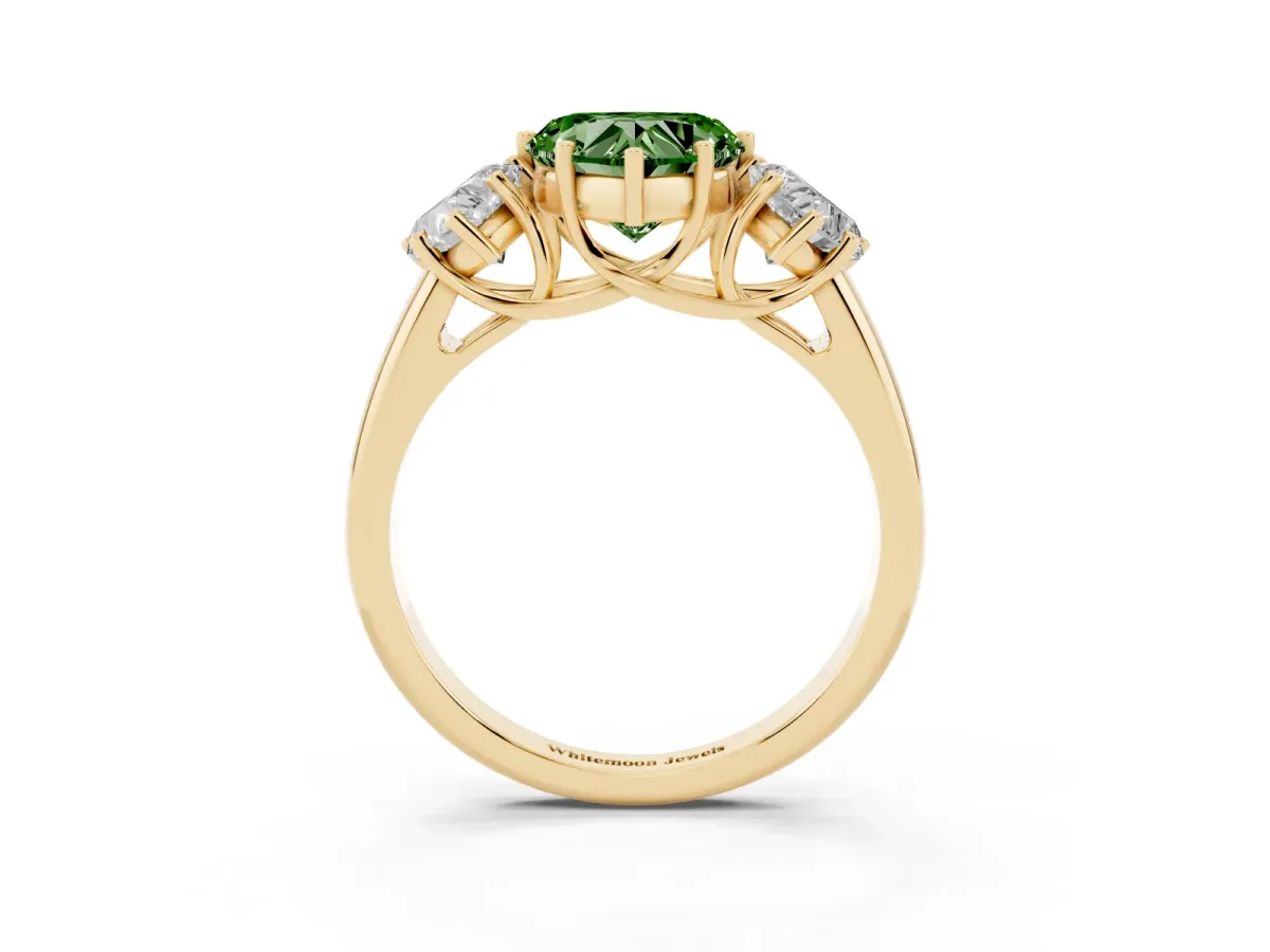 Fancy Green Three-Stone Heart Cut Diamond Engagement Ring with Prong Setting Yellow gold