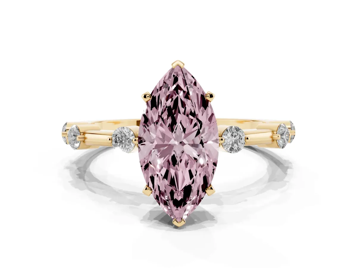 Fancy Pink Marquise Cut Solitaire Diamond Ring with Bezel Set Side Stones and Prong Setting Yellow gold