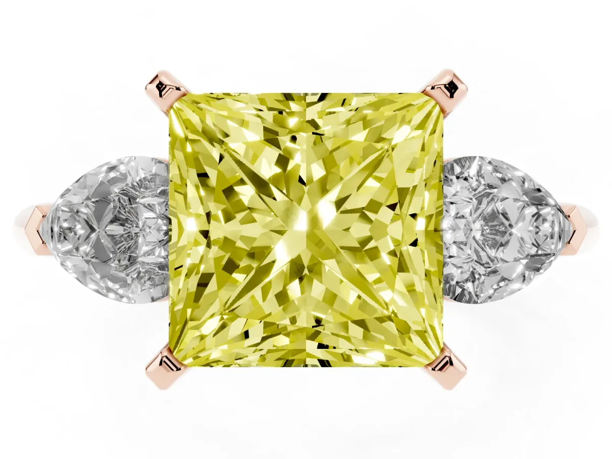Fancy Yellow Three-Stone Princess Cut Diamond Ring with Pear Side Stones and Four-Prong Setting Rose gold
