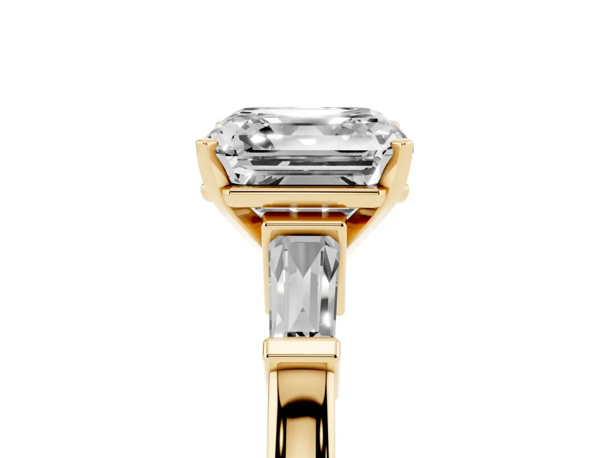 Asscher Cut Cut Diamond Solitaire Ring with Tapered Baguette Accents and Four-Prong Setting Yellow gold