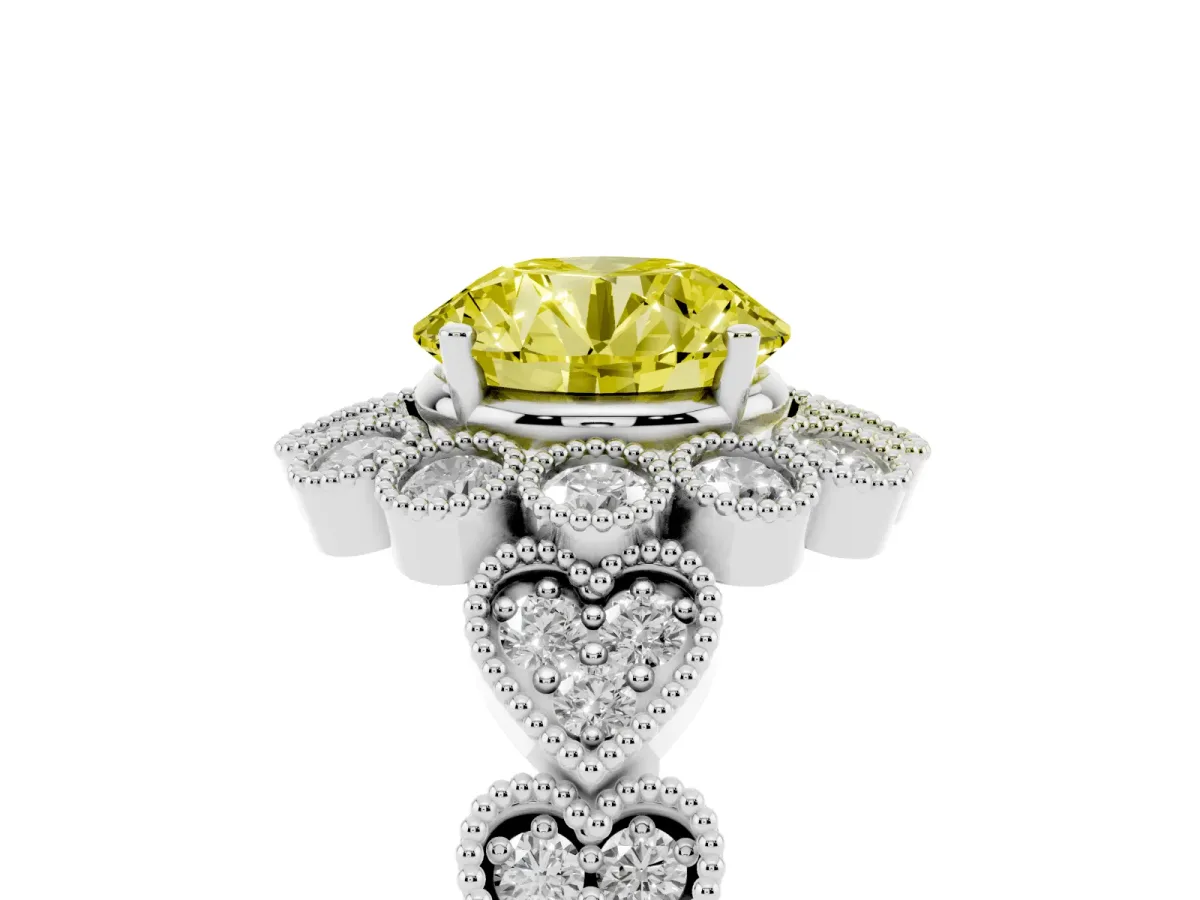 Fancy Yellow Round Cut Brilliant Milgrain Pave Heart Band Solitaire Ring Silver