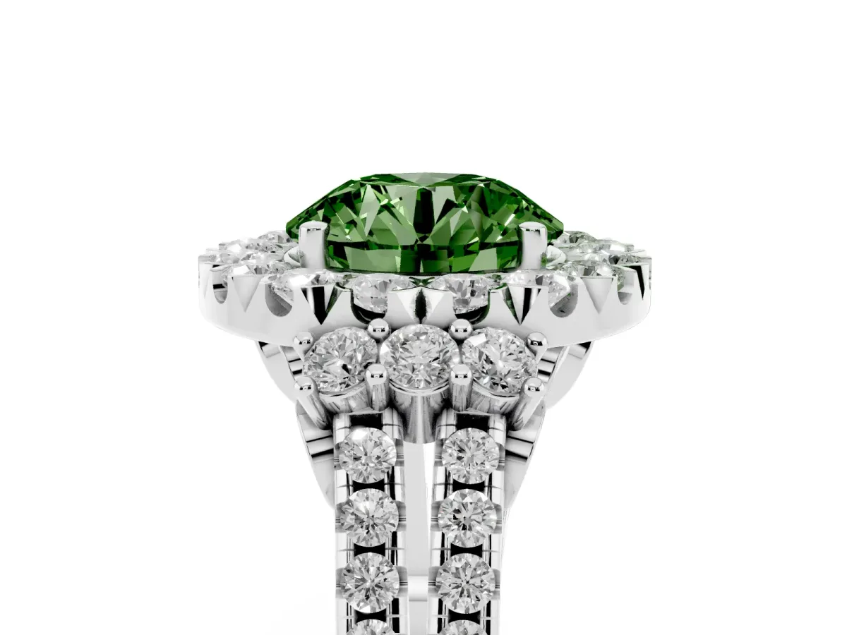Fancy Green Round Cut Cut Double Halo Diamond Engagement Ring with Pave Band and Four-Prong Setting Silver