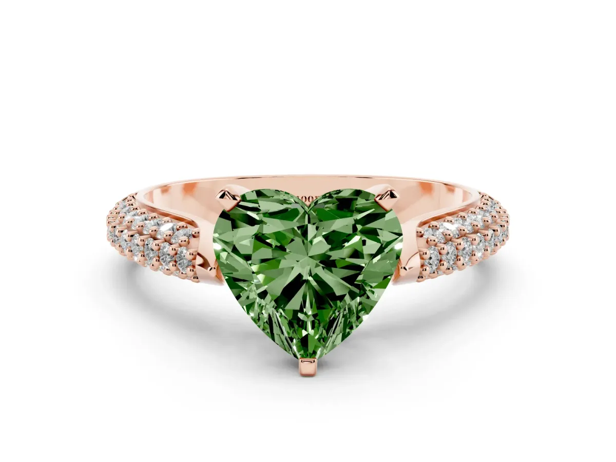 Fancy Green Heart Cut Diamond Solitaire Engagement Ring with Multi-Row Round Pavé Band and Prong Setting Rose gold