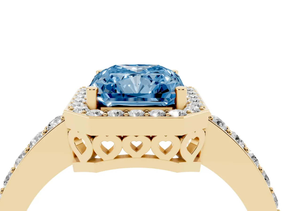 Fancy Blue Radiant Cut Halo Diamond Pavé Band Ring with Prong Setting Yellow gold