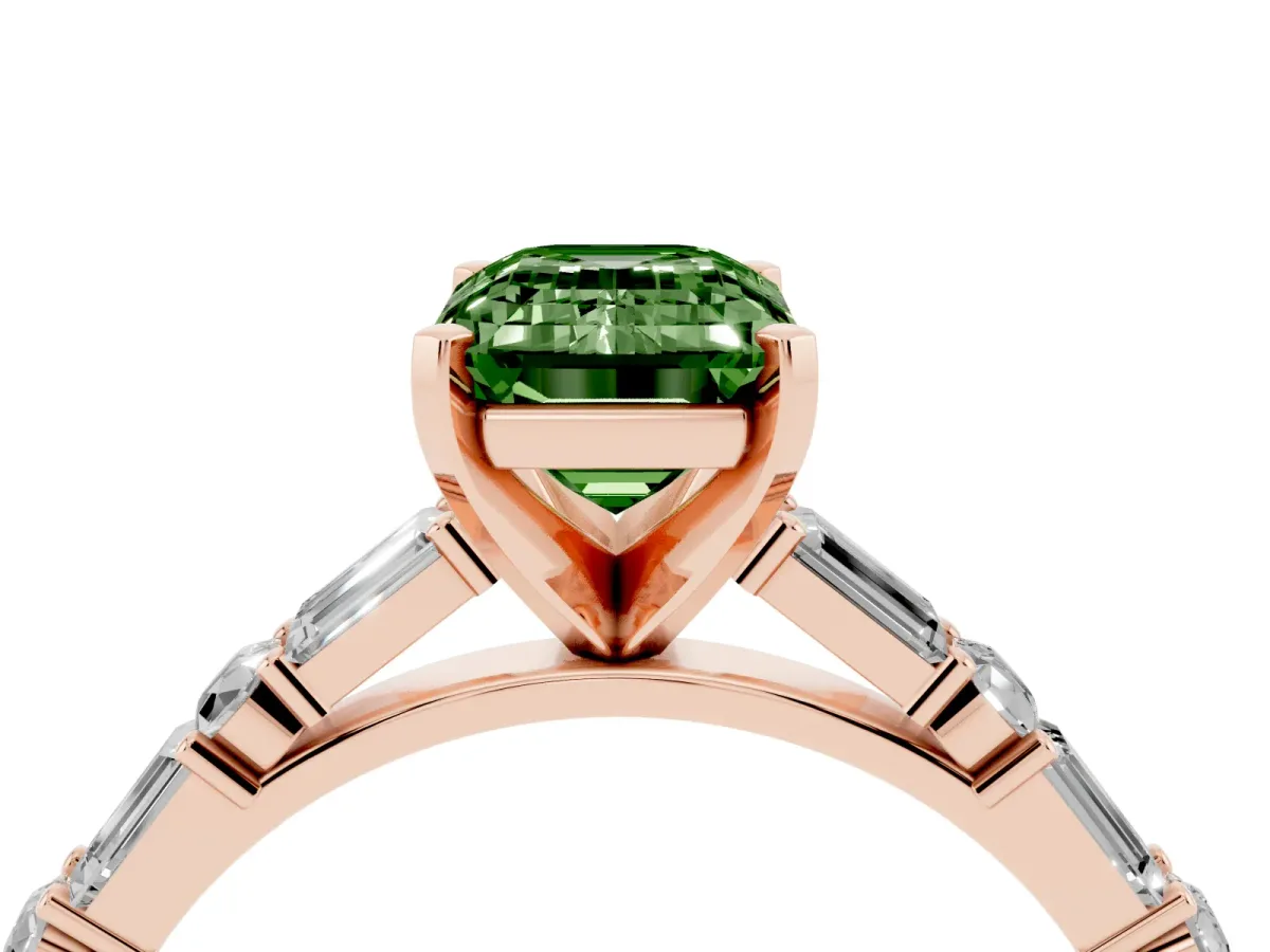 Fancy Green Emerald Cut Diamond Solitaire with Side Baguettes and Channel Set Band Rose gold