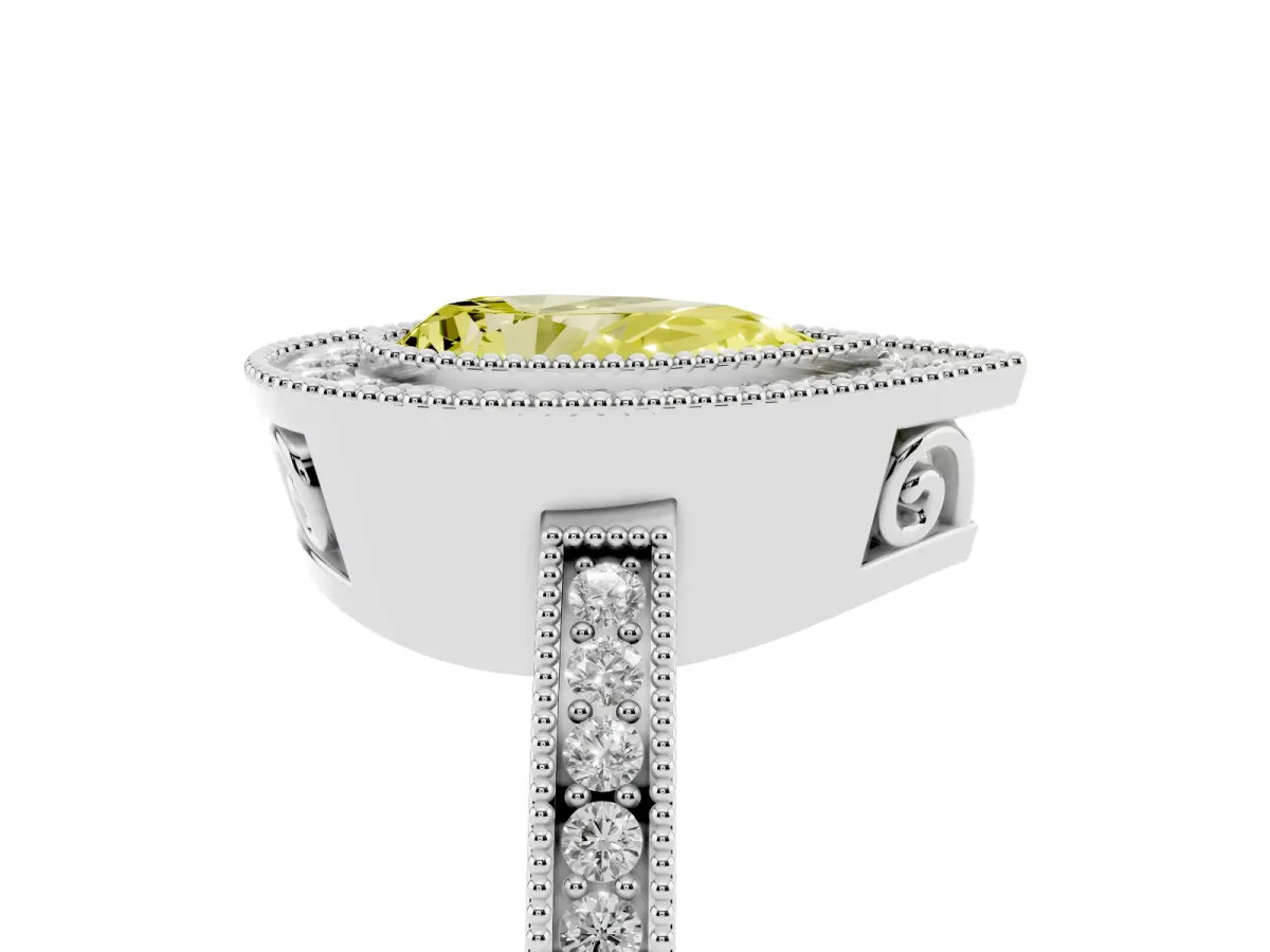 Fancy Yellow Pear Cut Cut Halo Diamond Ring with Pavé Band and Milgrain Prong Setting Silver