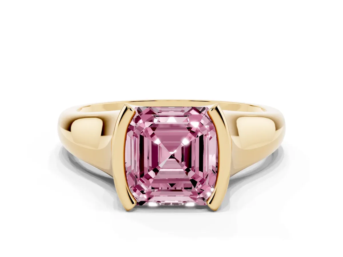 Fancy Pink Asscher Cut Solitaire Tension Set Diamond Ring with Split Shank Band Yellow gold