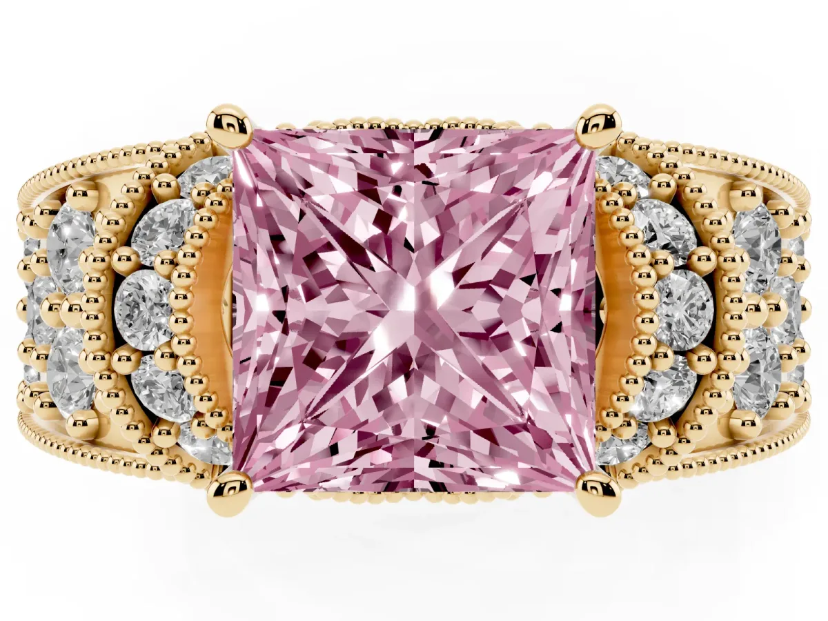 Fancy Pink Princess Cut Halo Pave Diamond Engagement Ring with Milgrain Detailing Yellow gold