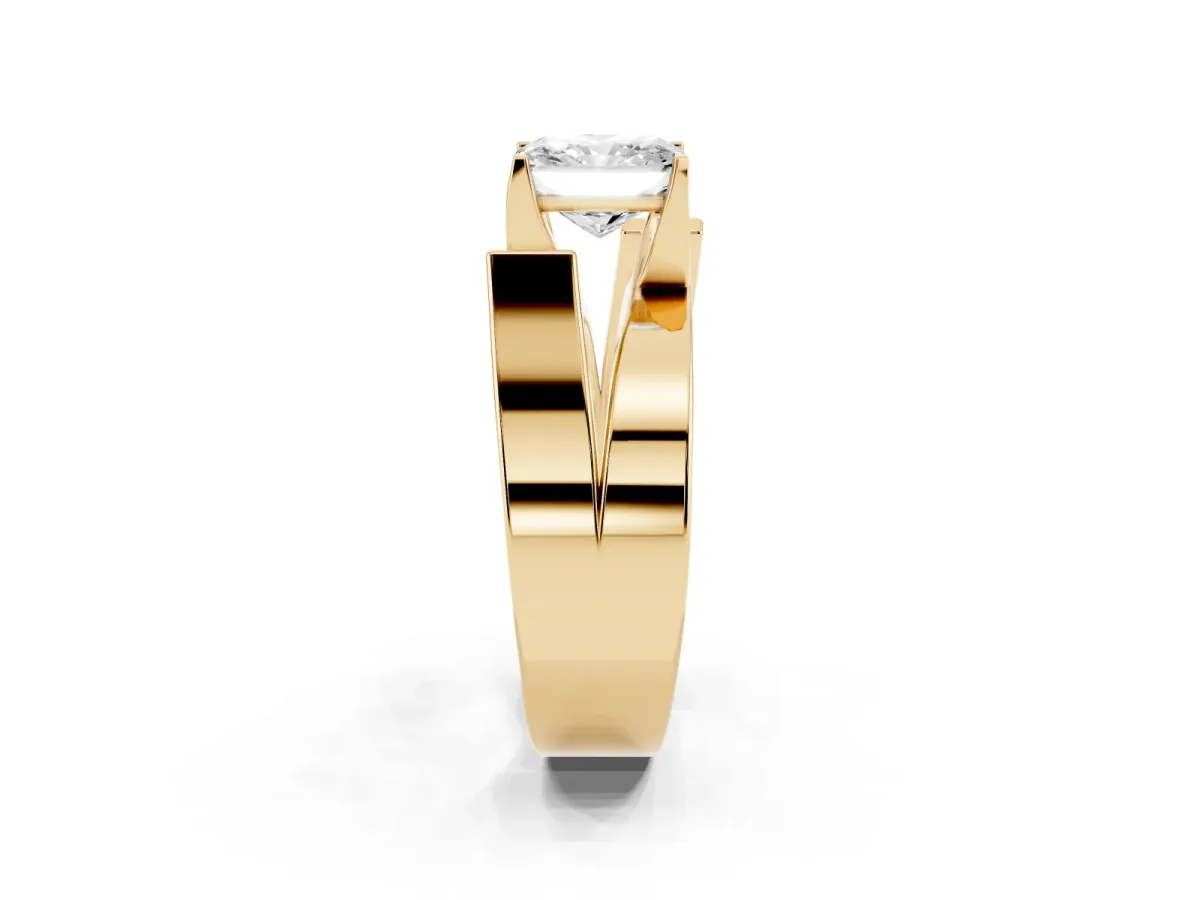 Modern Tension Set Radiant Cut Diamond Solitaire Wide Band Ring Yellow gold