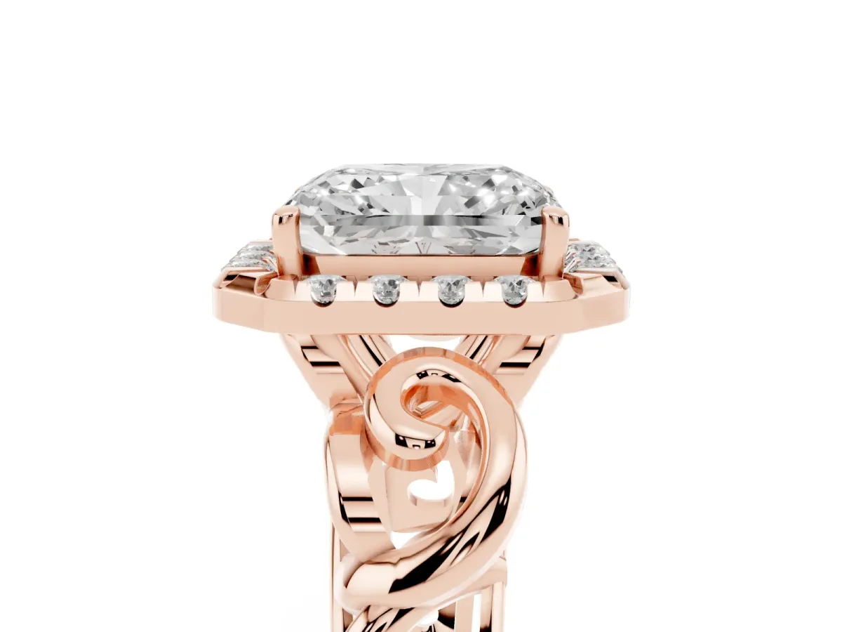 Radiant Cut Cut Halo Diamond Ring with Scrollwork Band and Four-Prong Setting Rose gold