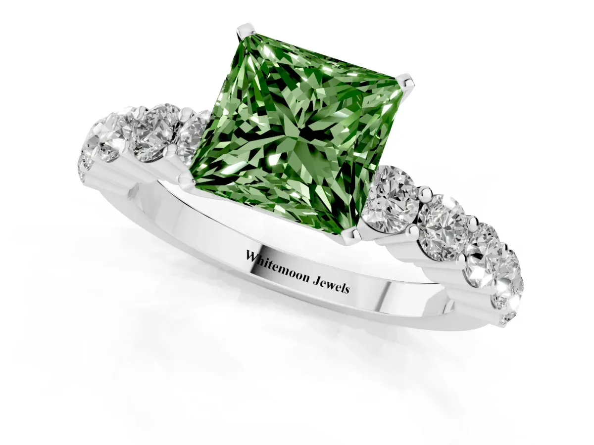Fancy Green Princess Cut Diamond Solitaire Ring with Shared Prong Round Side Stones Platinum