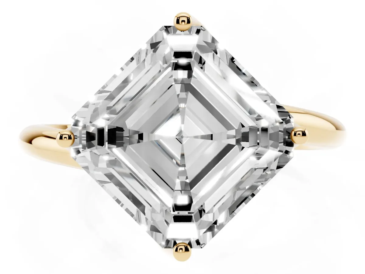 Asscher Cut Diamond Solitaire Engagement Ring with Four-Prong Setting and Classic Band Yellow gold