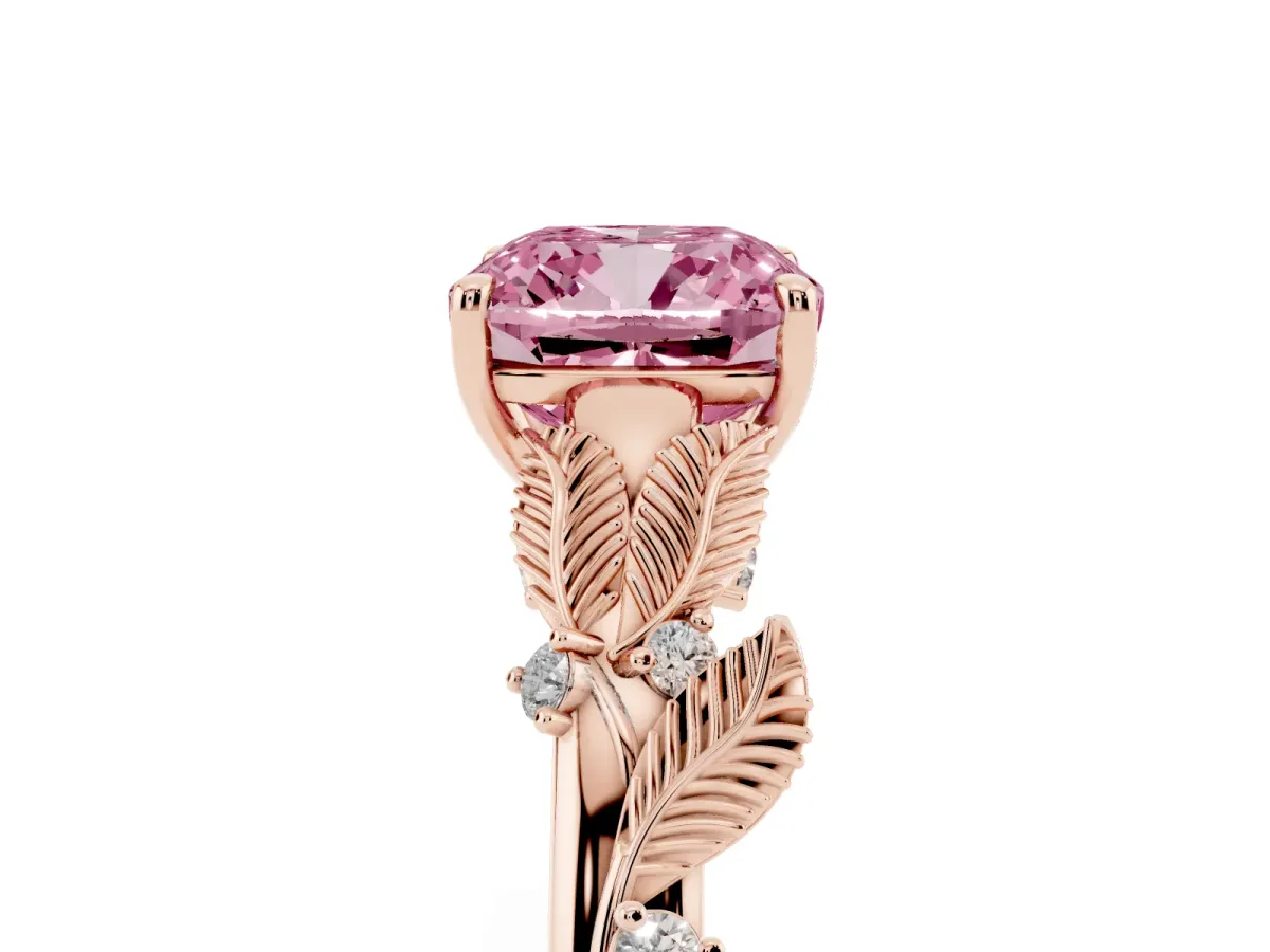 Fancy Pink Cushion Cut Diamond Solitaire Ring with Leaf Motif Band and Four-Prong Setting Rose gold