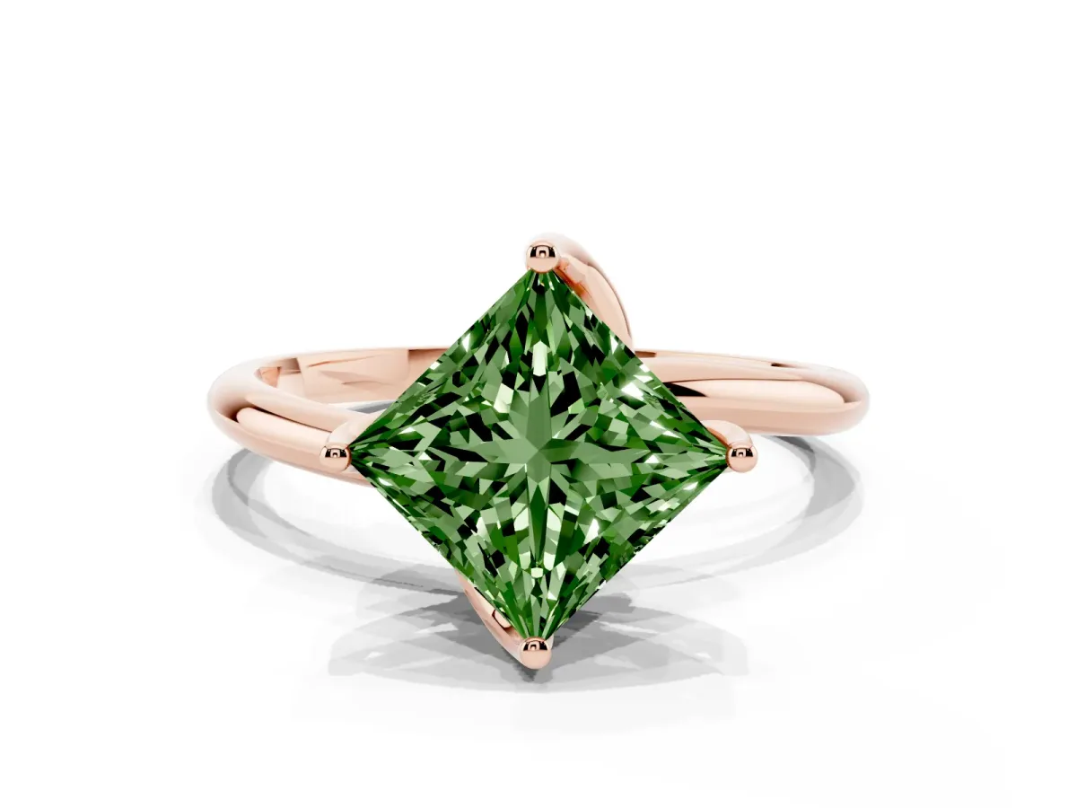 Fancy Green Princess Cut Diamond Solitaire Engagement Ring with Four-Prong Setting and Classic Band Rose gold