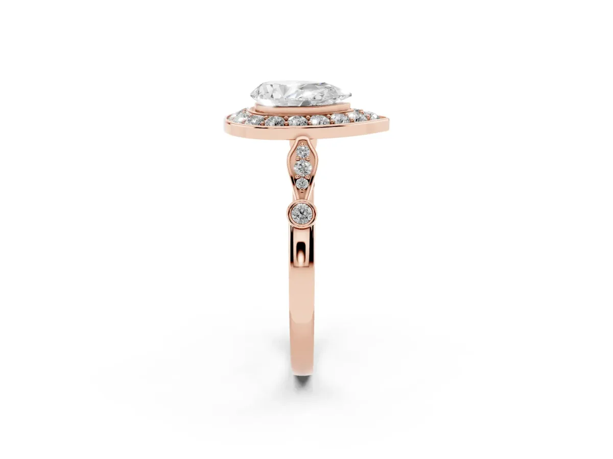 Pear Cut Halo Diamond Engagement Ring with Twisted Band and Four-Prong Setting Rose gold