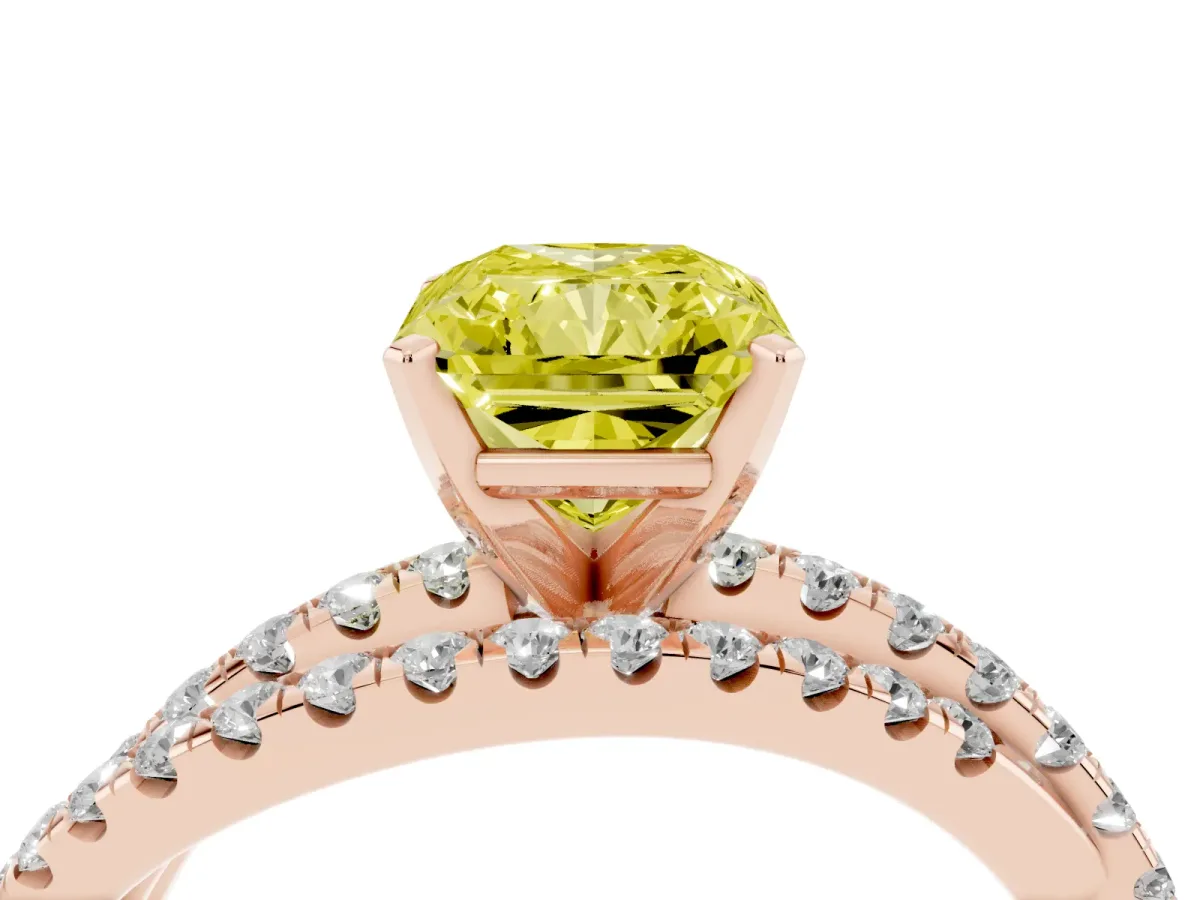 Fancy Yellow Radiant Cut Solitaire Twist Band with Pavé Setting and Four-Prong Setting Rose gold