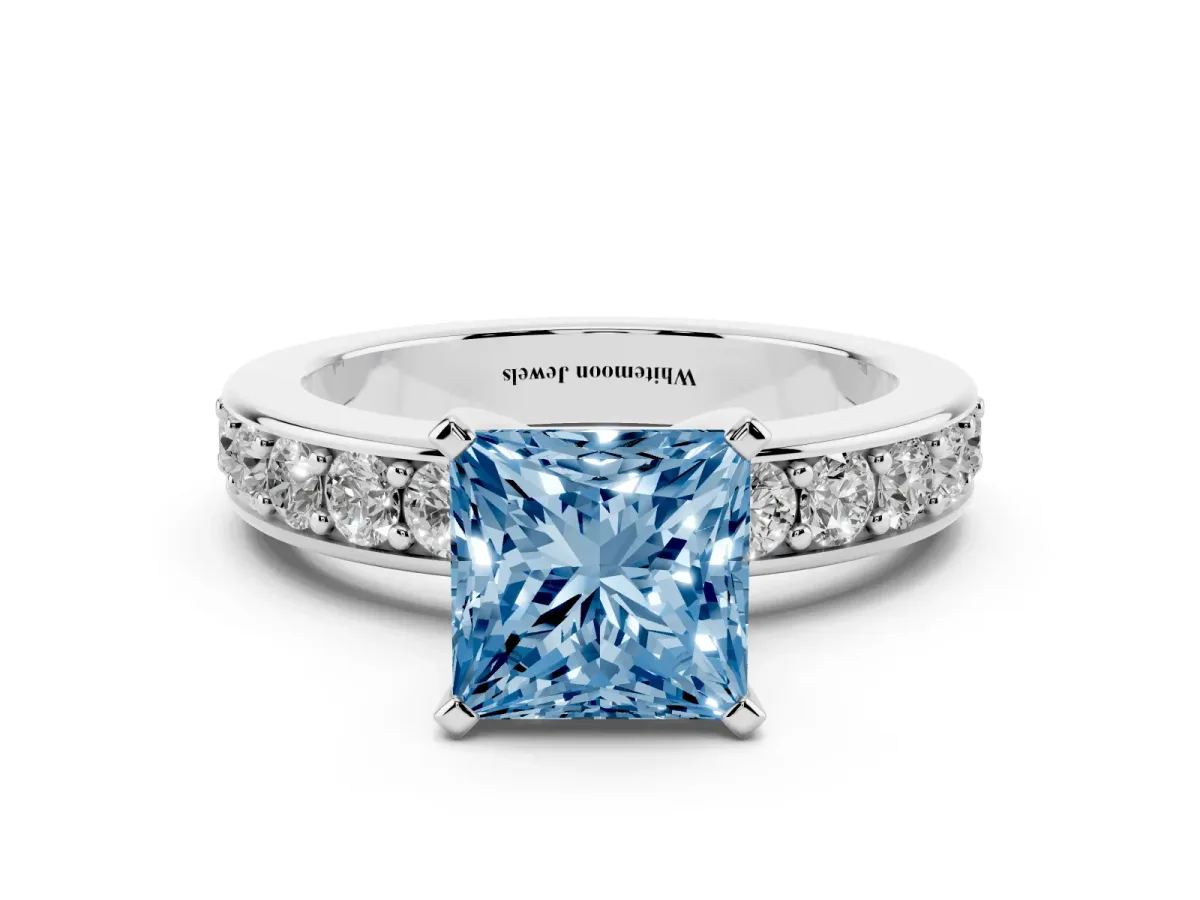 Fancy Blue Princess Cut Diamond Engagement Ring with Channel Set Round Band and Prong Setting Silver