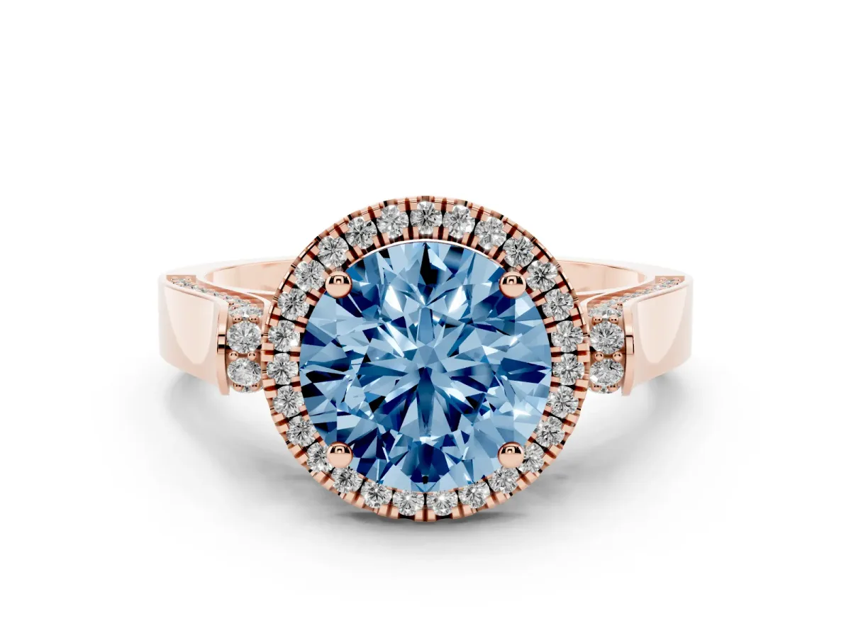 Fancy Blue Round Cut Halo Pave Split Shank Prong Setting Ring Rose gold