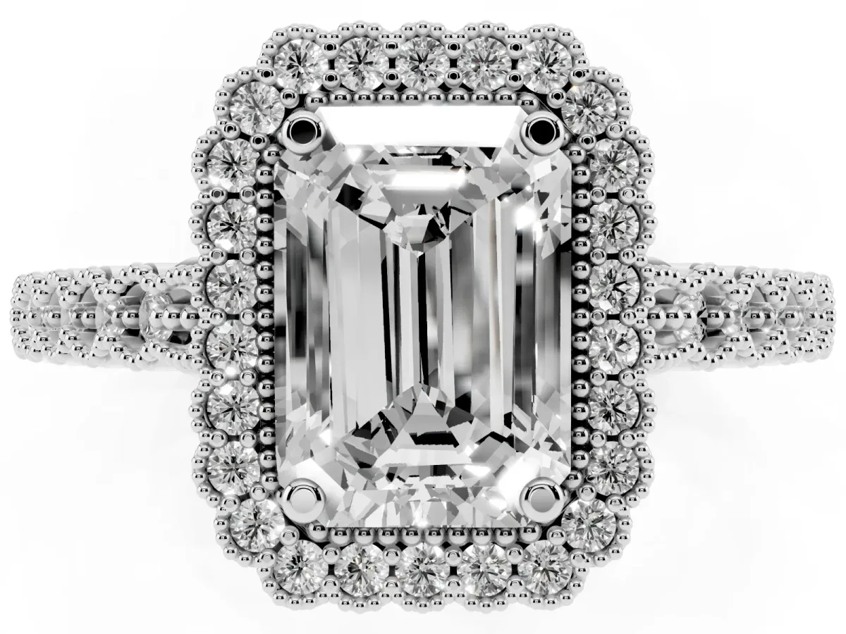 Emerald Cut Cut Halo Pavé Solitaire Ring with Milgrain Band Platinum