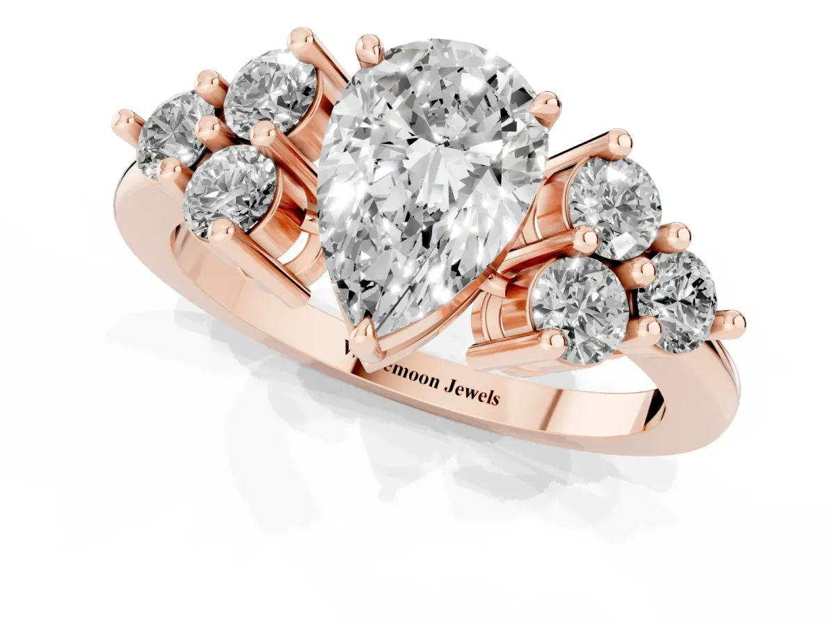 Pear Cut Brilliant Diamond Cluster Accent Solitaire Ring with Prong Setting Rose gold