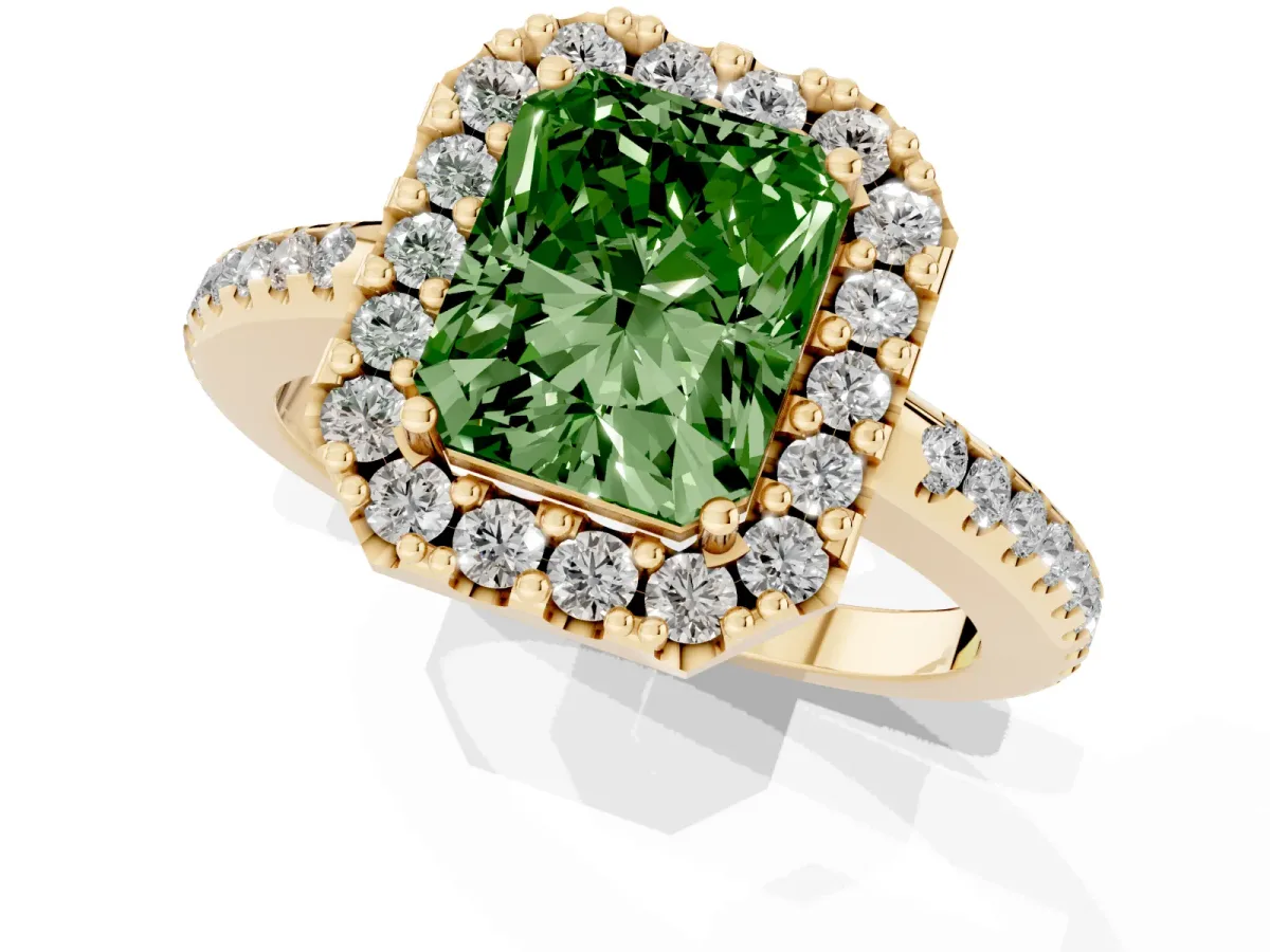 Fancy Green Radiant Cut Diamond Pavé Halo Ring with Four-Prong Setting Yellow gold