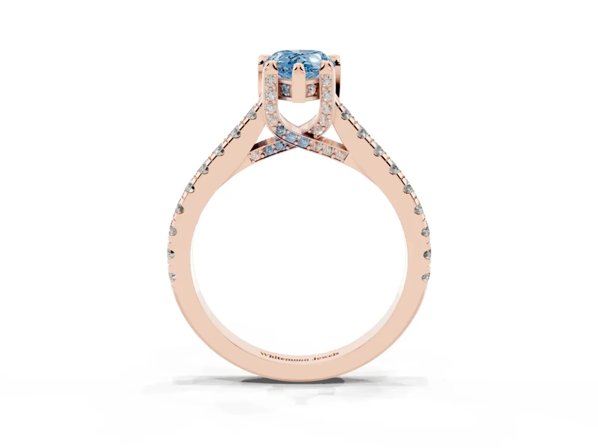 Fancy Blue Pear Cut Brilliant Diamond Solitaire with Pavé Band and Four-Prong Setting Rose gold