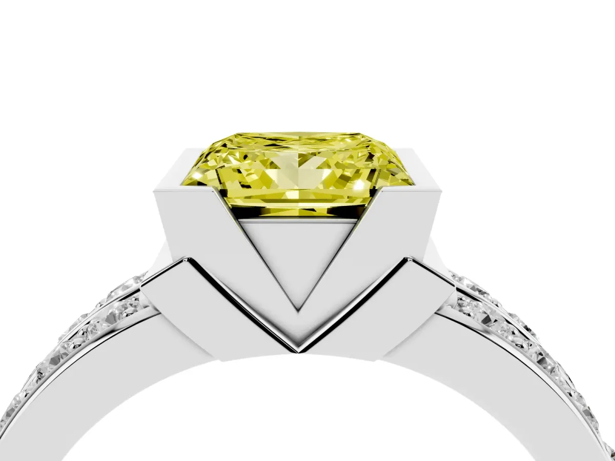 Fancy Yellow Princess Cut Brilliant Diamond Channel Set Wide Band Ring with Bezel Setting Silver