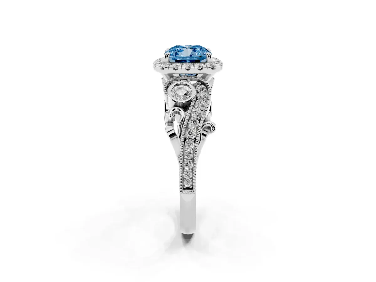Fancy Blue Cushion Cut Diamond Halo Ring with Milgrain Pavé Band and Four-Prong Setting Platinum