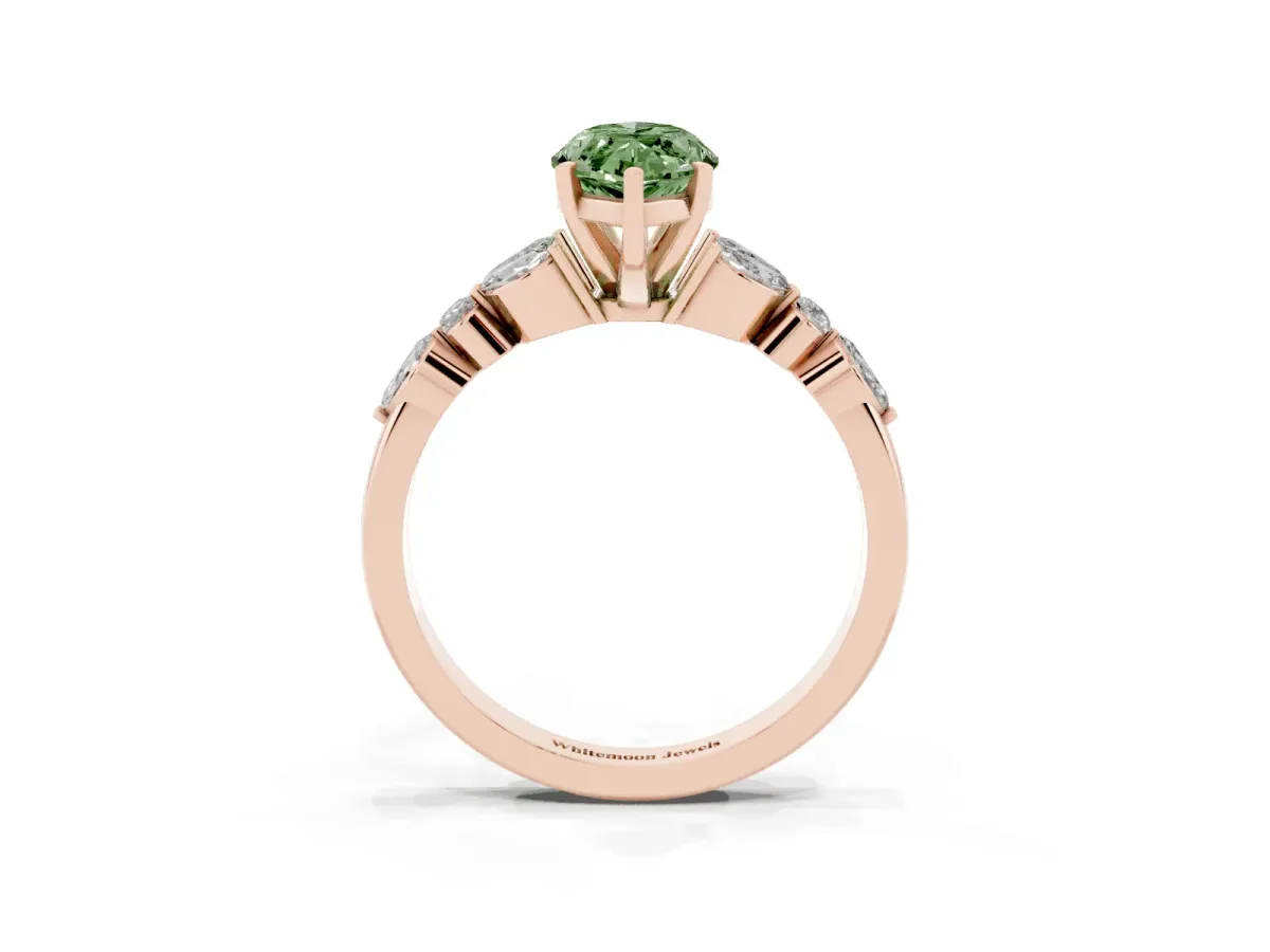 Fancy Green Marquise Cut Diamond Solitaire Ring with Side Stones and Four-Prong Setting Rose gold