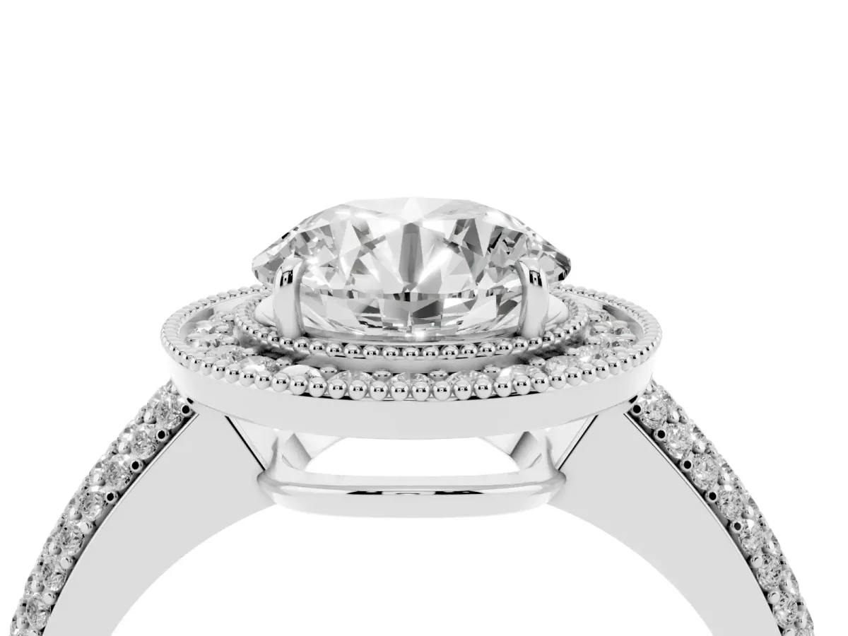 Round Cut Cut Halo Diamond Pave Band with Four-Prong Setting Silver