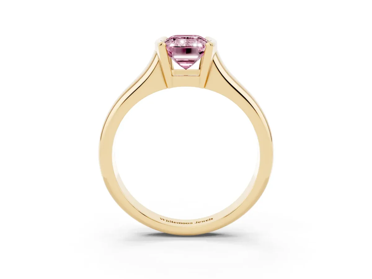 Fancy Pink Emerald Cut Solitaire Tension Set Diamond Ring with Split Shank Band Yellow gold