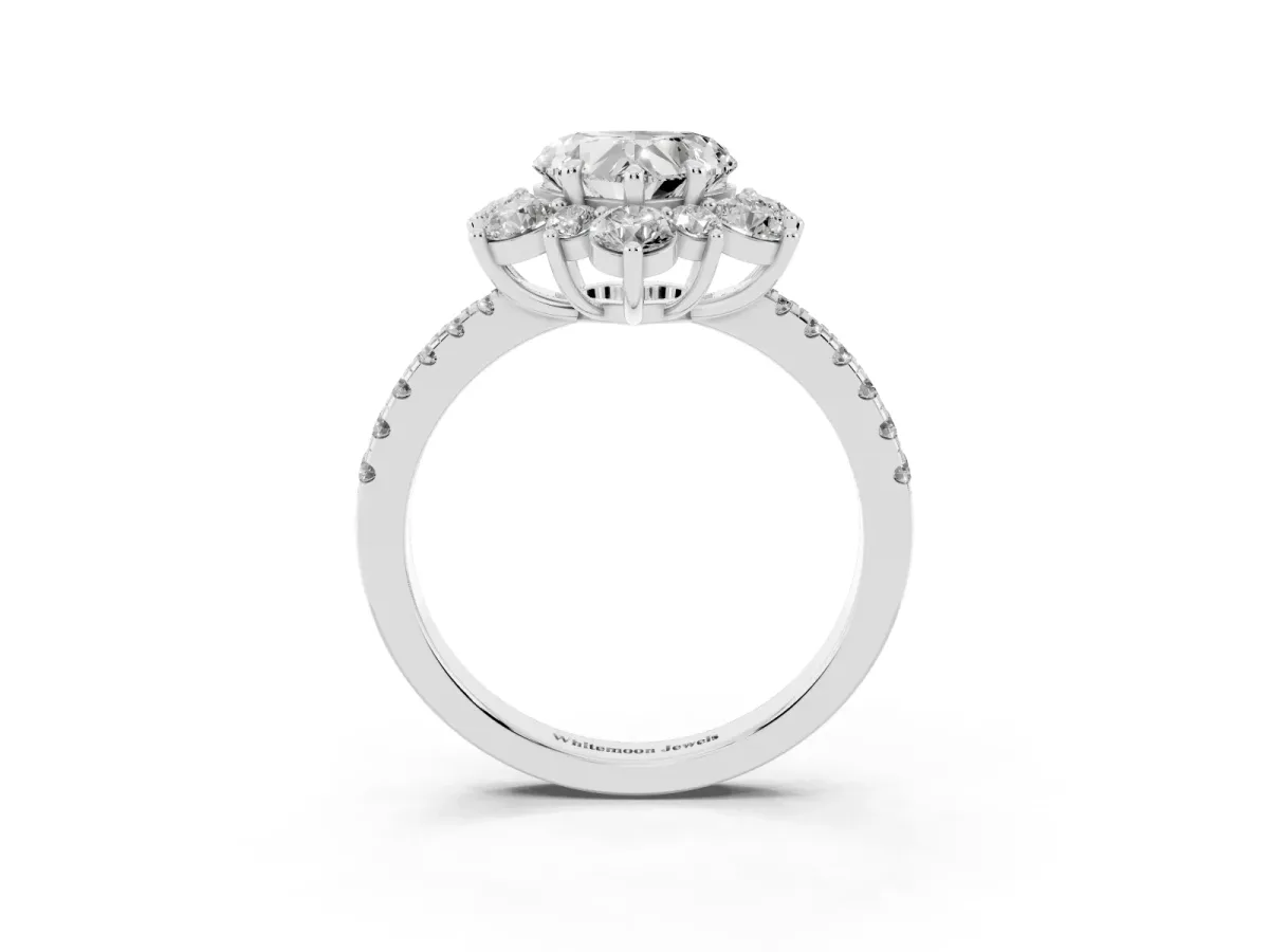 Heart Cut Diamond Floral Halo Ring with Round Pavé Band and Prong Setting Silver