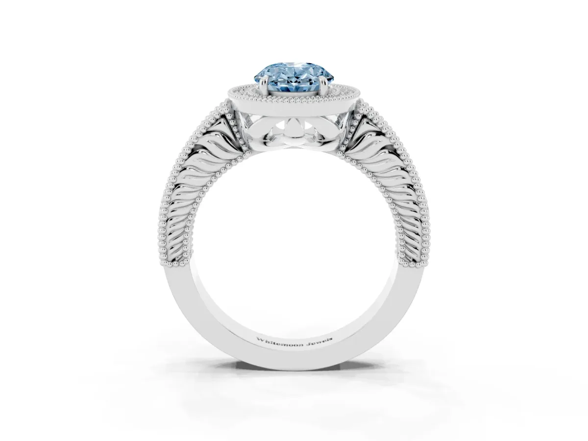 Fancy Blue Oval Cut Cut Halo Diamond Ring with Pavé Band and Four-Prong Setting Platinum