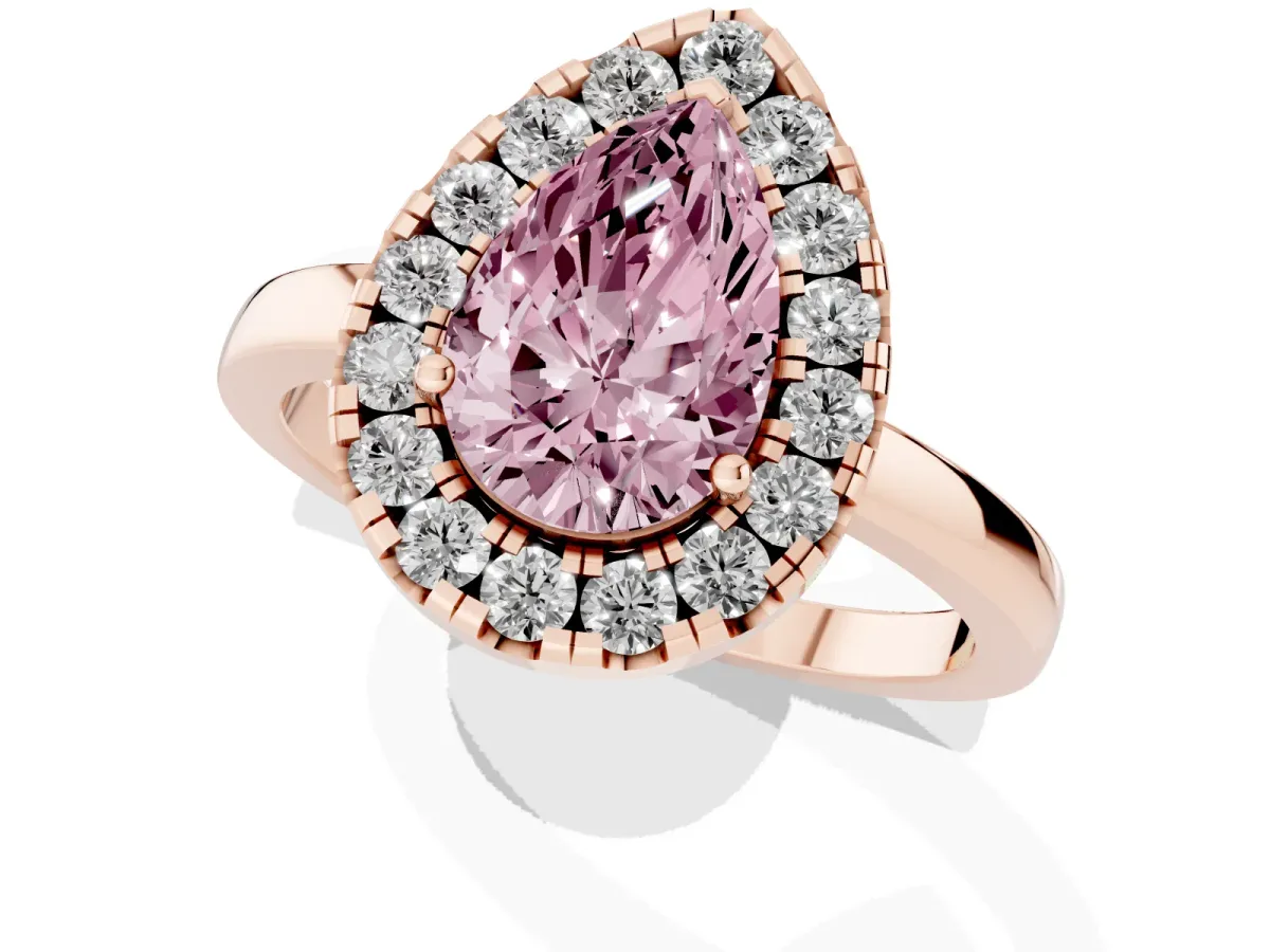 Fancy Pink Pear Cut Halo Diamond Solitaire with Pavé Band and Four-Prong Setting Rose gold