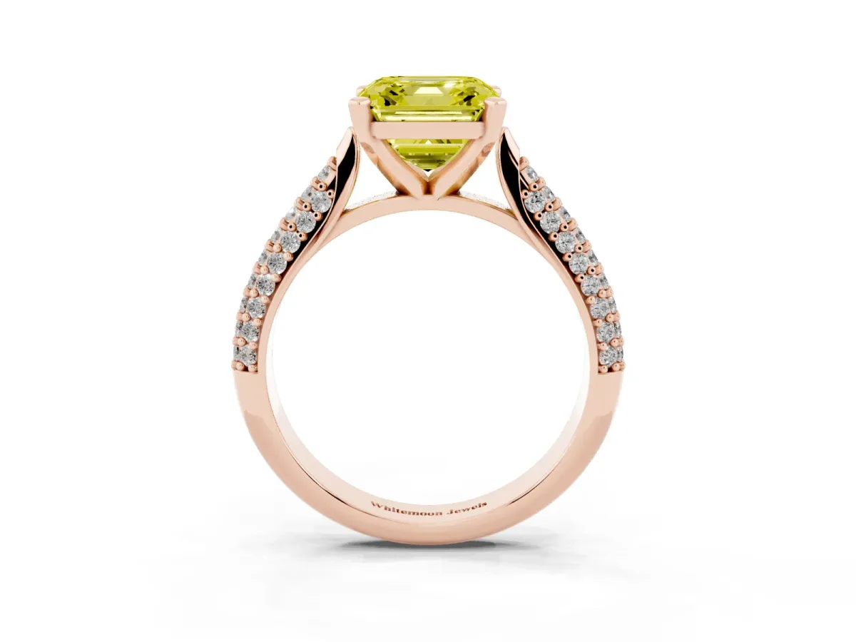 Fancy Yellow Asscher Cut Diamond Solitaire Engagement Ring with Multi-Row Round Pavé Band and Prong Setting Rose gold