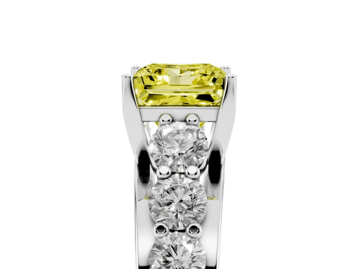 Fancy Yellow Princess Cut Diamond Engagement Ring with Pavé Band and Four-Prong Setting Silver