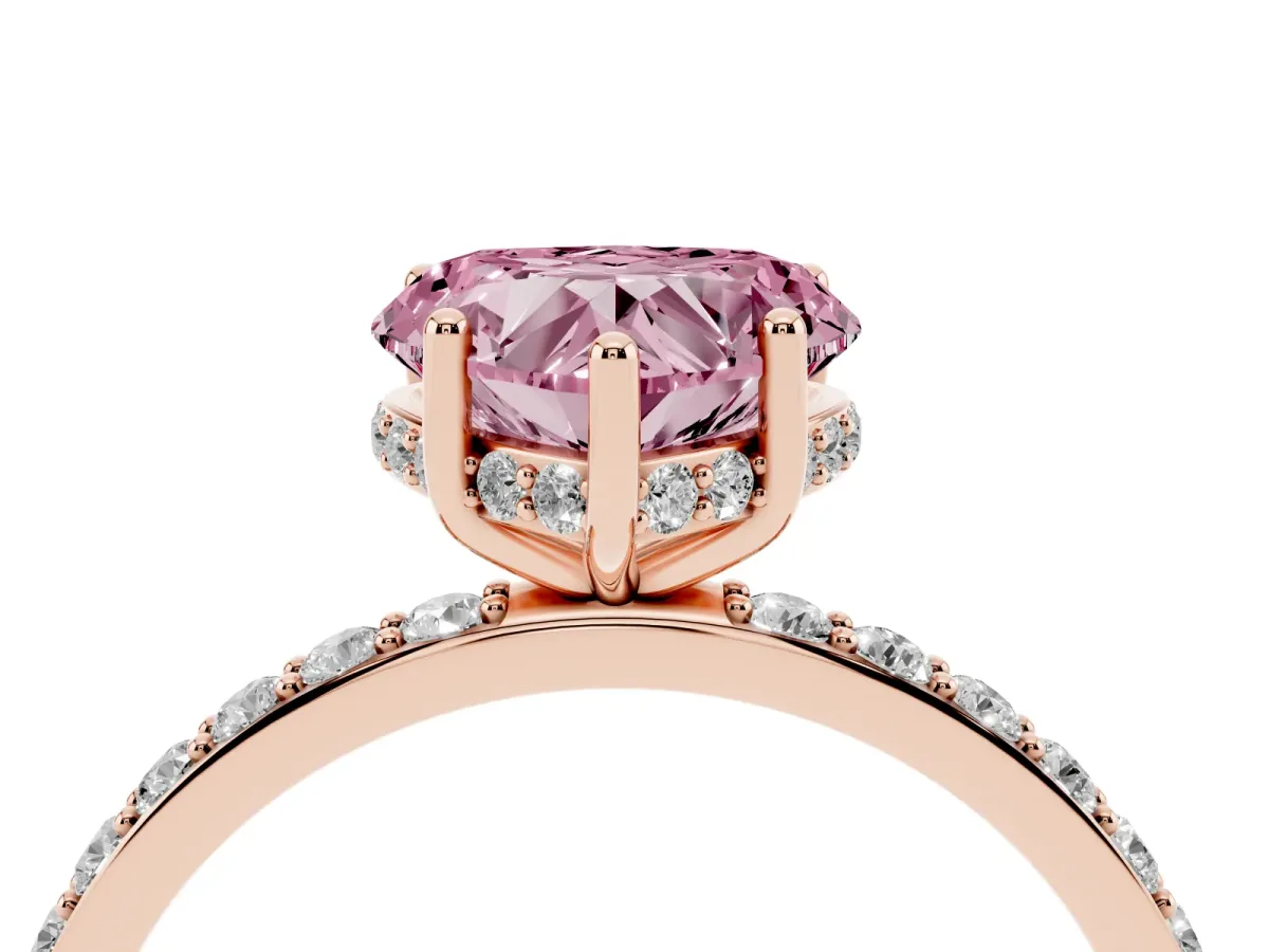 Fancy Pink Heart Cut Diamond Solitaire Ring with Pavé Band and Hidden Halo Rose gold