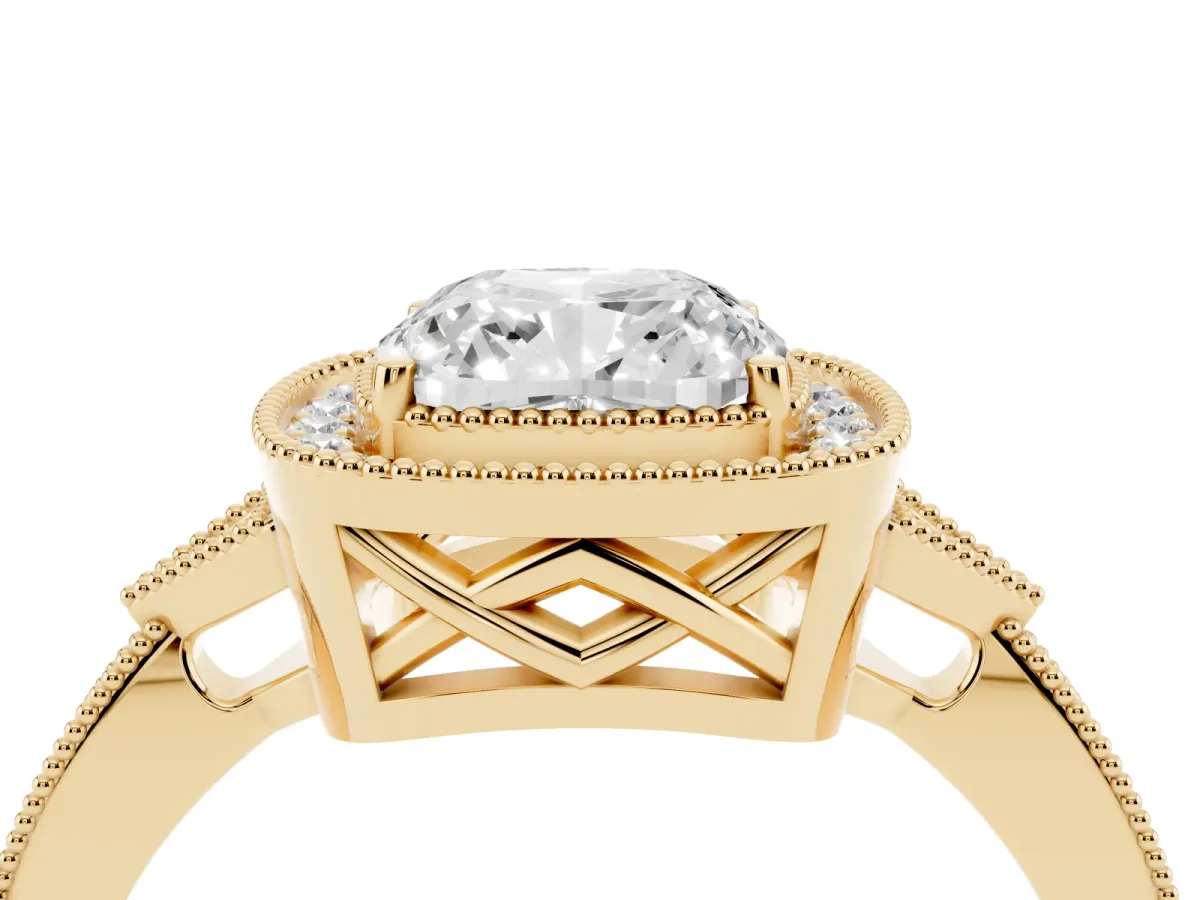 Cushion Cut Halo Round Diamond Milgrain Pave Engagement Ring Yellow gold